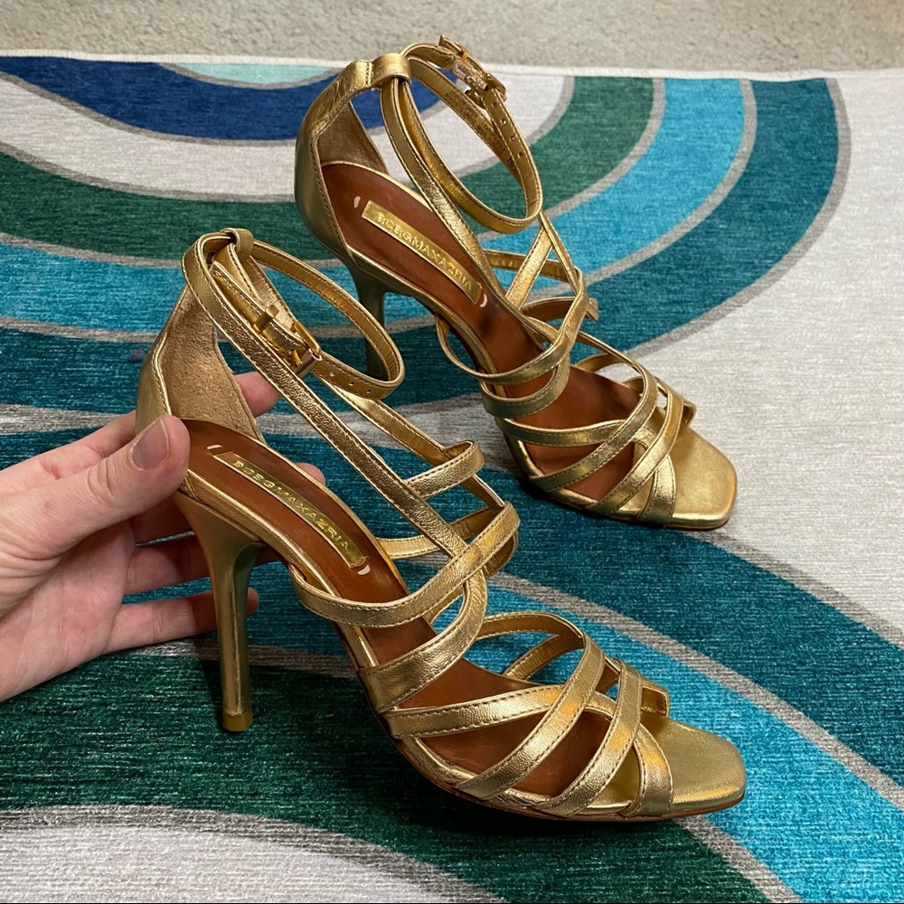 BCBGMaxAzria gold leather strappy square-toe heels